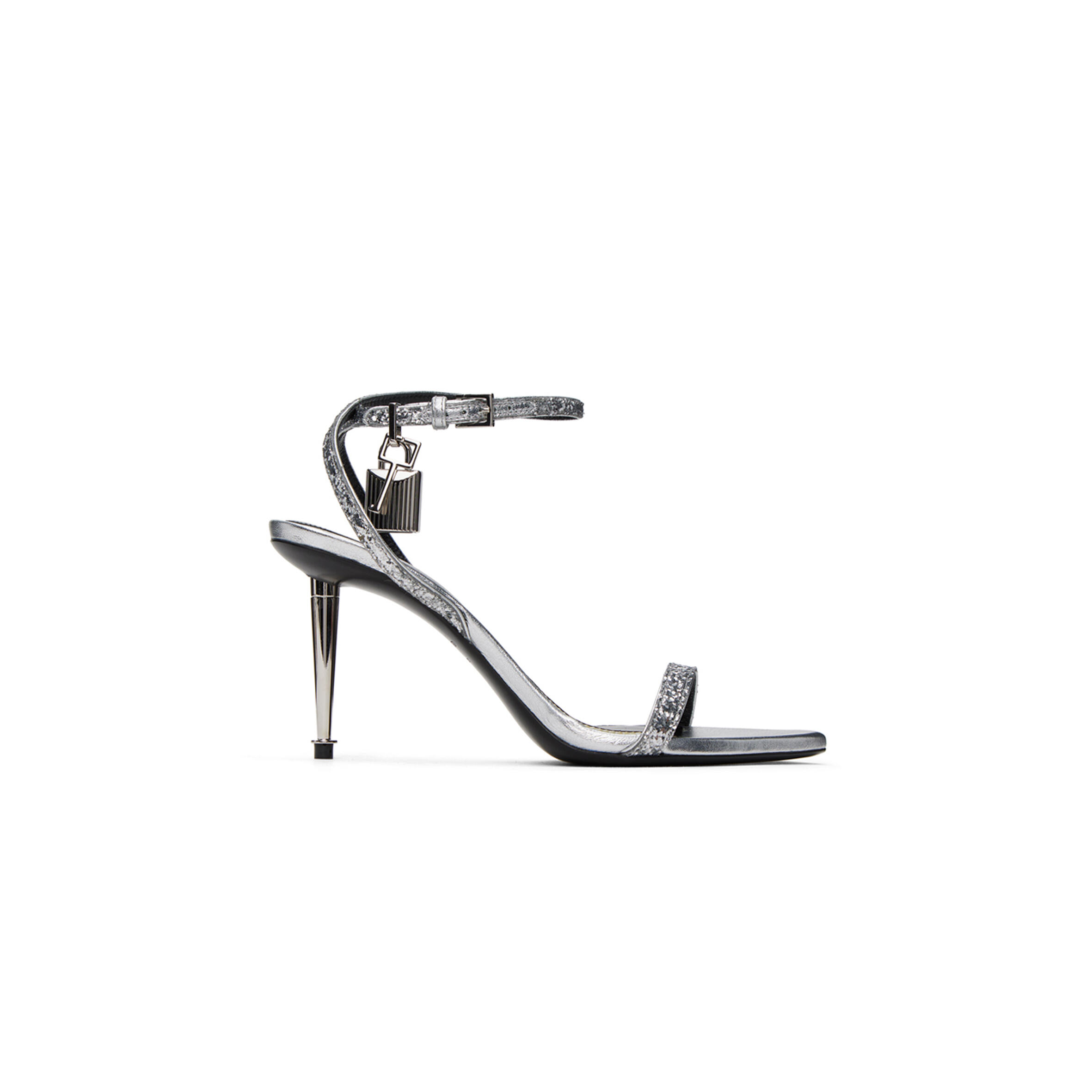 TOM FORD SILVER PADLOCK POINTY NAKED HEELED SANDALS 1G004